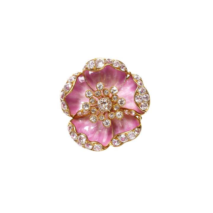 Early 20th century pink enamel and diamond set flowerhead brooch